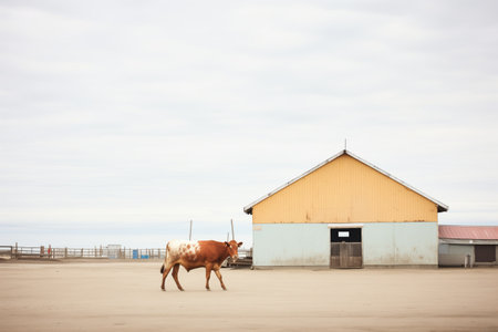 lone cow with a bell neck walking towards barnの素材