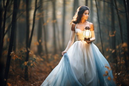 woman in flowing gown in misty forest with lanternの素材