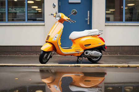 scooter with reflective safety stickers outside an urban apartment blockの素材