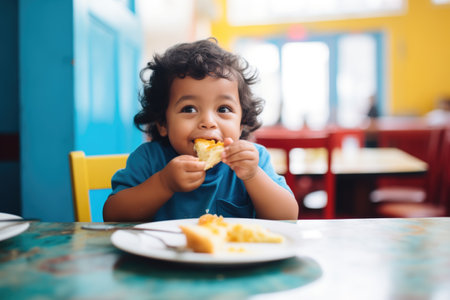 kid enjoying a cheesy empanada at a tableの素材