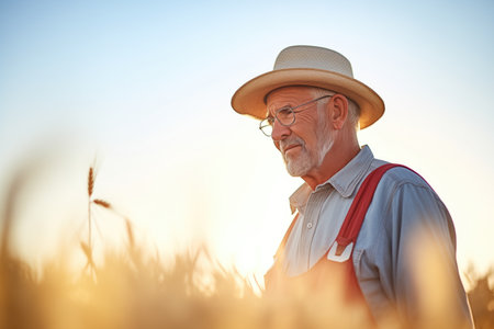 farmer harvesting wheat with backlitの素材