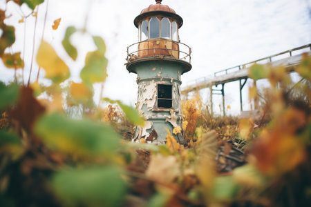 overgrown foliage encroaching on abandoned lighthouseの素材
