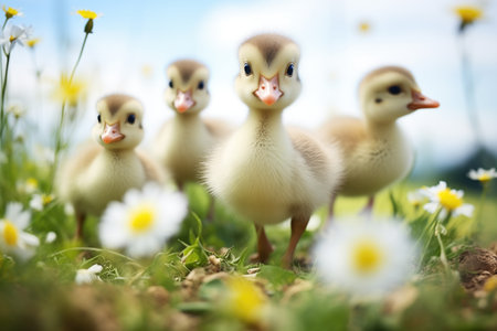 goslings following geese through a patch of daisiesの素材