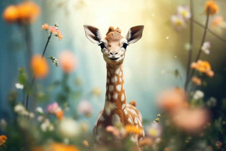 newborn giraffe standing tall among blooming flowersの素材