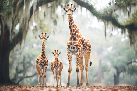 mother giraffe with twins on either side in savannahの素材
