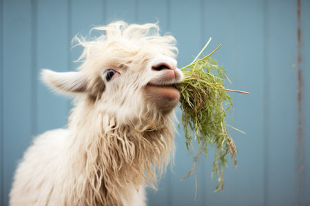 angora goat chewing on a woolly plantの素材