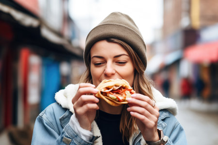 woman eating a gyros sandwich at a street food marketの素材