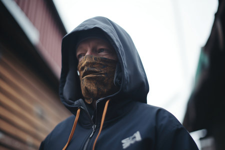 dark hooded figure with eyes gazing forwardの素材