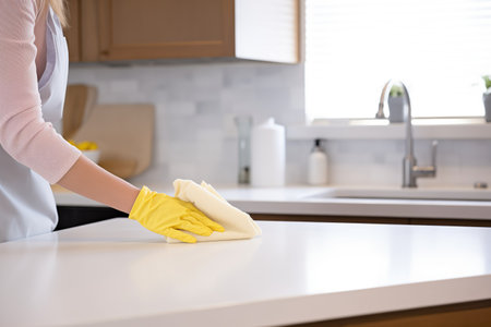 hand in glove wiping kitchen countertop with sprayの素材