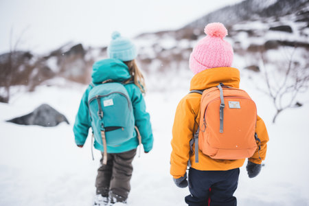 kids with backpacks on snowy mountain trekの素材