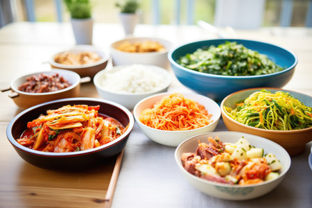 korean banchan side dishes assortment with kimchi as centerpieceの素材