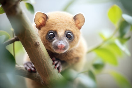 kinkajou peering down from a treetop with curious eyesの素材