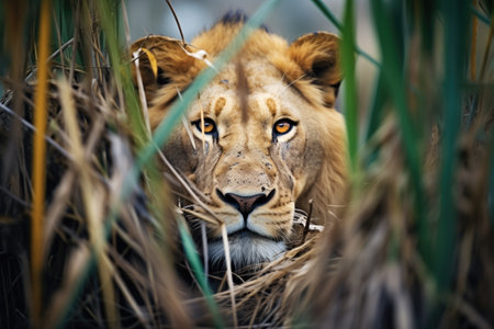 lion with one eye open, resting in thicketの素材