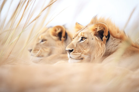 lion pride napping in tall savanna grassの素材