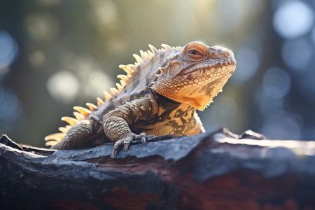 spiny-tailed lizard basking on a sunlit boughの素材