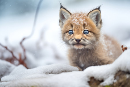 dewy-eyed lynx cub in a soft snow bankの素材
