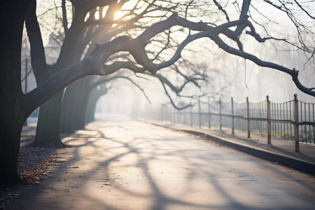 tree branches casting eerie shadows on a foggy pathの素材