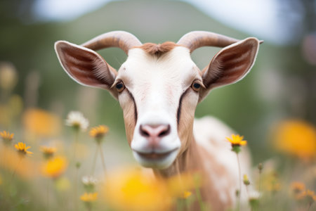 goat with curved horns framed by alpine wildflowersの素材