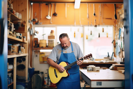 shop owner tuning a guitar on a workbenchの素材