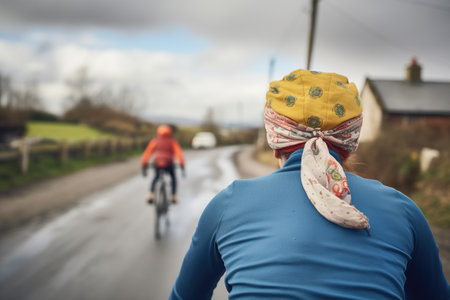 cyclist with a headscarf riding away on a rural roadの素材