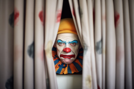 menacing clown face peeking out from behind curtainの素材