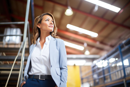 female manager overlooking operations from a warehouse catwalkの素材