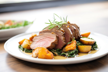 sliced beef pot roast plated with gravy and herbsの素材