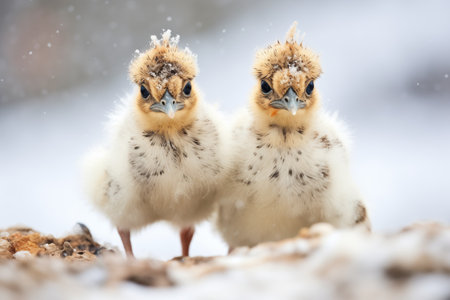 ptarmigan chicks camouflaged among snow patchesの素材