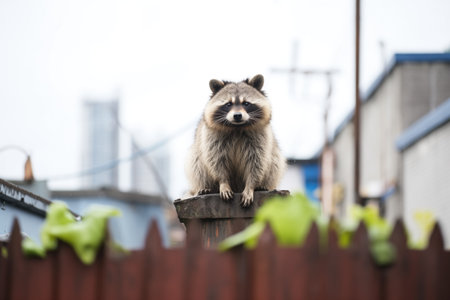 urban raccoon perched on a fenceの素材