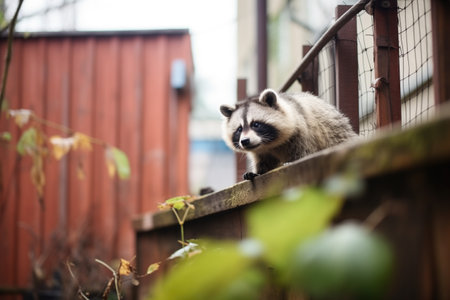 raccoon on a fence in a courtyardの素材