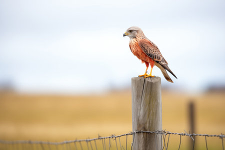 red kite perched on a fence post near a fieldの素材