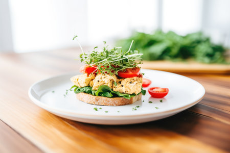 scrambled tofu on a bagel with arugula and sliced tomatoの素材