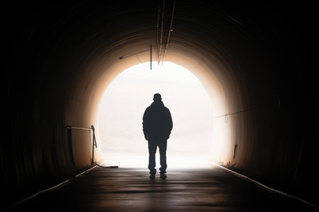 silhouette of a person standing at the end of a tunnelの素材