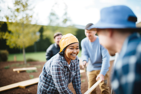 group of workers doing team-building activities outdoorsの素材