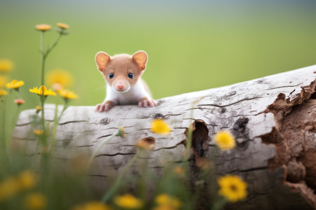 stoat peeking out from a hollow log in a meadowの素材
