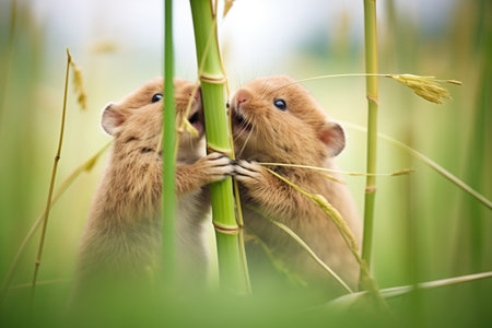 two voles engaging in play amid grass stalksの素材