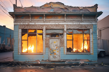 glowing embers and small flames on a destroyed house at dawnの素材