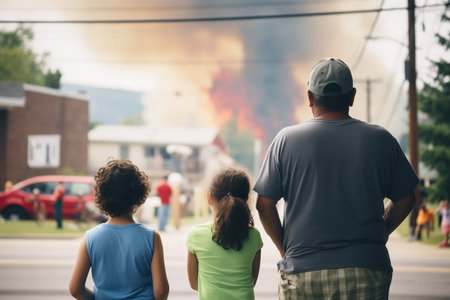 family watching their home burn, standing across the streetの素材