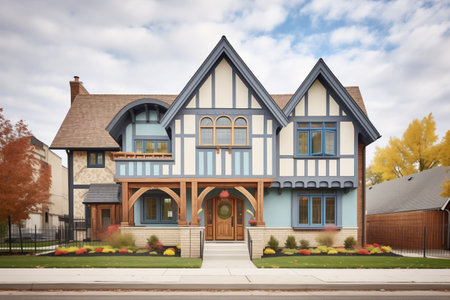 frontal shot showing tudor and modern architecture blendの素材