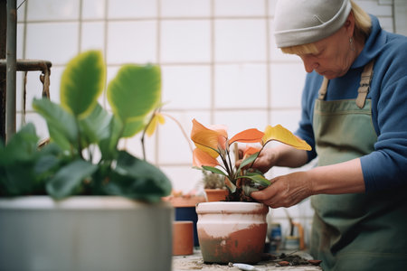 florist cleaning leaves from a plant in a terra cotta potの素材