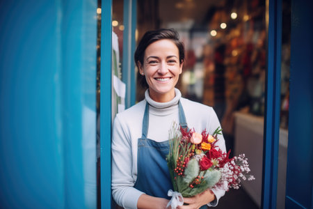 smiling florist holding a festive bouquet near a shop entranceの素材