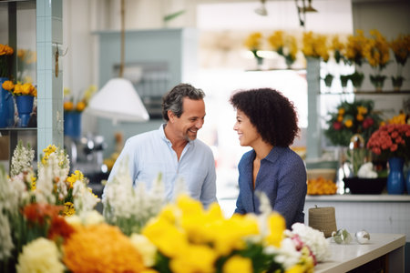 person in florist shop consulting with a client about flowersの素材
