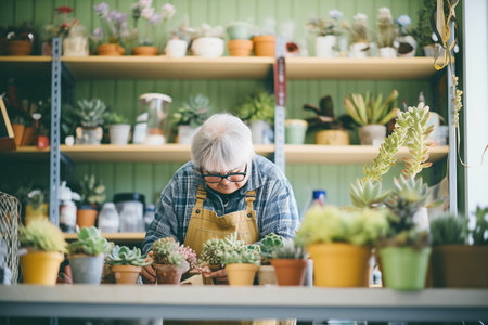 a florist organizing a variety of succulents on a shelfの素材
