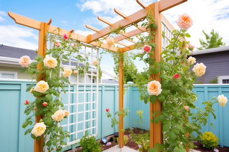 wooden garden trellis with climbing rosesの素材