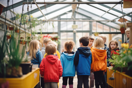 children on an educational tour in a plant conservatoryの素材