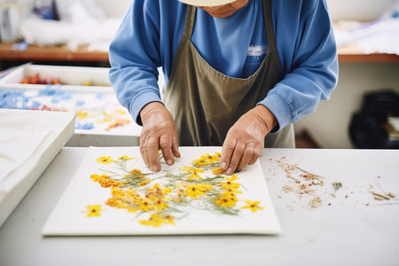 artisan pressing flowers into handmade paper sheetsの素材