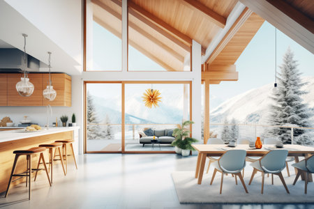chalet style home with large windows overlooking snowy mountainsの素材