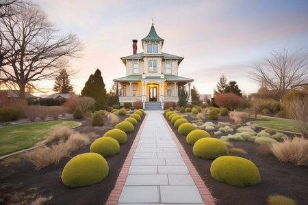 italianate home with belvedere and stone garden pathの素材