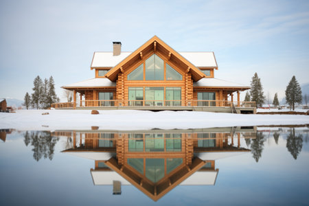 reflection of a log cabin on the still lake waterの素材