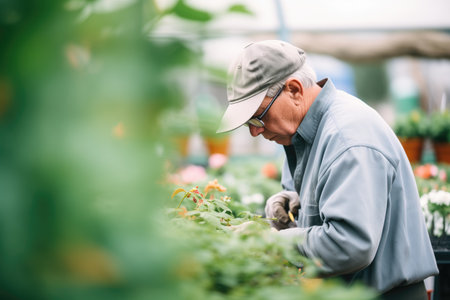expert examining plants for pests in an outdoor nurseryの素材